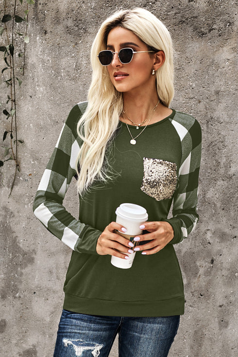 Plaid Splicing Sequined Pocket Long Sleeve Top